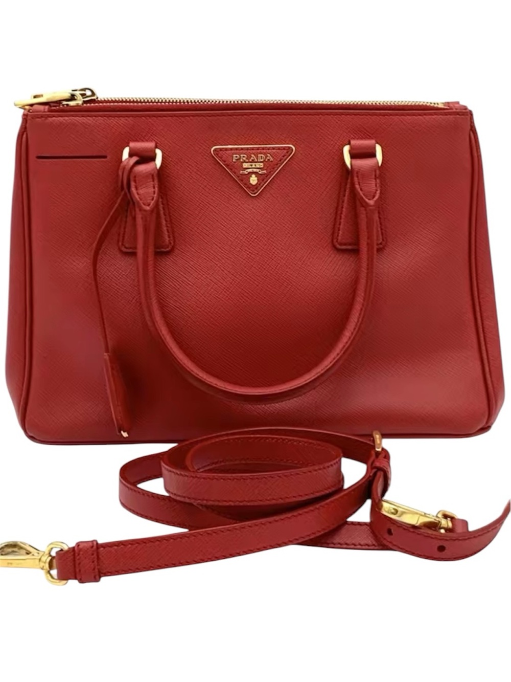 Prada Red Leather Saffiano Satchel with Gold Hardware and Detachable Strap